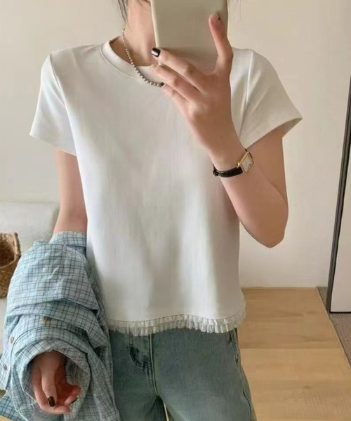 Lace Ladies(レースレディース)の「裾レース フリル クルーネック 半袖 Tシャツ(Tシャツ/カットソー・レディース・ホワイト/ブラック/グレー・FREE)」の1枚目の写真