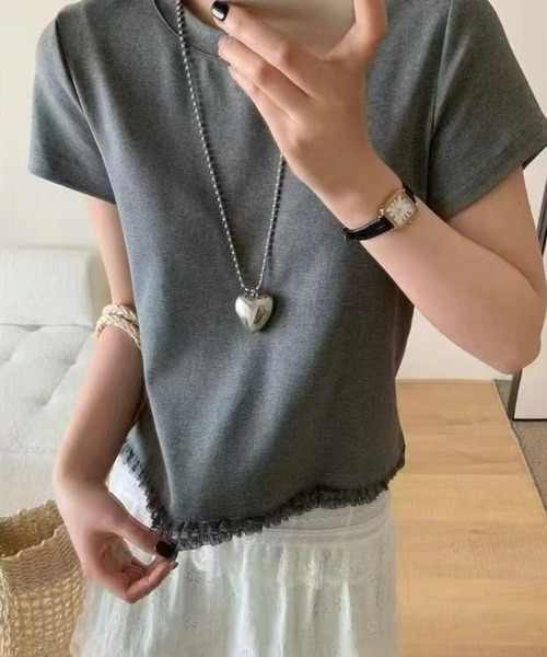 Lace Ladies(レースレディース)の「裾レース フリル クルーネック 半袖 Tシャツ(Tシャツ/カットソー・レディース・ホワイト/ブラック/グレー・FREE)」の4枚目の写真