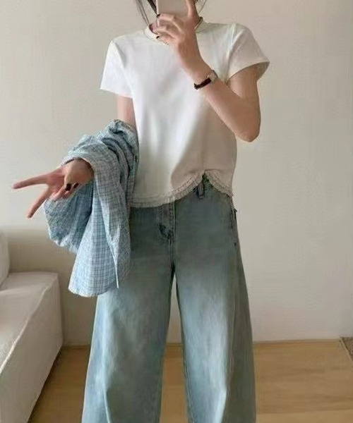 Lace Ladies(レースレディース)の「裾レース フリル クルーネック 半袖 Tシャツ(Tシャツ/カットソー・レディース・ホワイト/ブラック/グレー・FREE)」の5枚目の写真