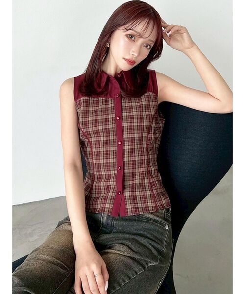 RESEXXY（リゼクシー）の「チェックレイヤードノースリシャツ（シャツ/ブラウス・レディース・ブラック/レッド/ブラウン・FREE）」の10枚目の写真