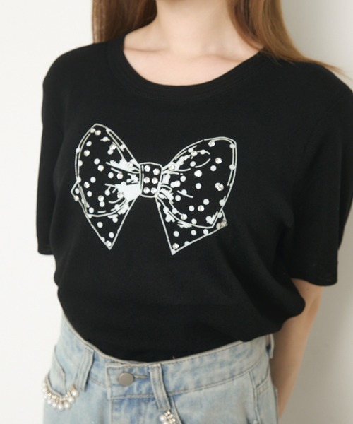 ★angelicpretty★リボン柄 半袖ニットセーター★黒✕ピンク★美品★ セール】リボンビジュー半袖ニット（ニット/セーター