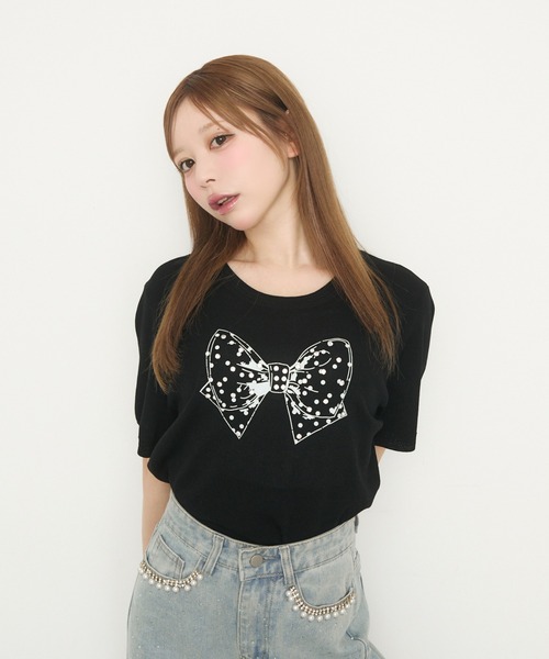 ★angelicpretty★リボン柄 半袖ニットセーター★黒✕ピンク★美品★ セール】リボンビジュー半袖ニット（ニット/セーター