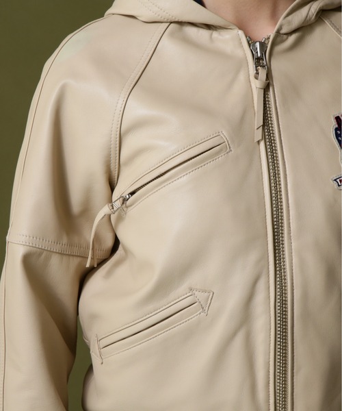 AVIREX レザージャケット　スタジャン　ベージュ 激レアジャケット　io着用 SIGNATURE HOODED LEATHER / シグネチャーフードレザー