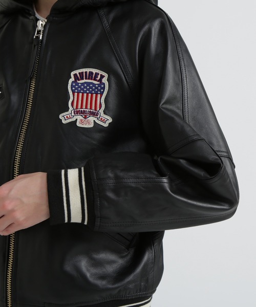 良品　アビレックス　アーチロゴ レザージャケット スタジャン　M ブラック SIGNATURE HOODED LEATHER / シグネチャーフードレザー