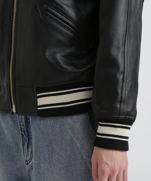 良品　アビレックス　アーチロゴ レザージャケット スタジャン　M ブラック SIGNATURE HOODED LEATHER / シグネチャーフードレザー