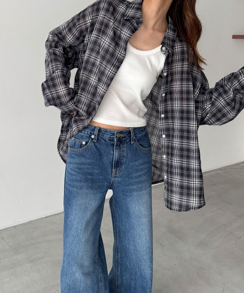 CANAL JEAN（キャナルジーン）の「El mar　コットンシアーチェックシャツ（シャツ/ブラウス・レディース・ネイビー/サックスブルー・ONE SIZE）」の3枚目の写真