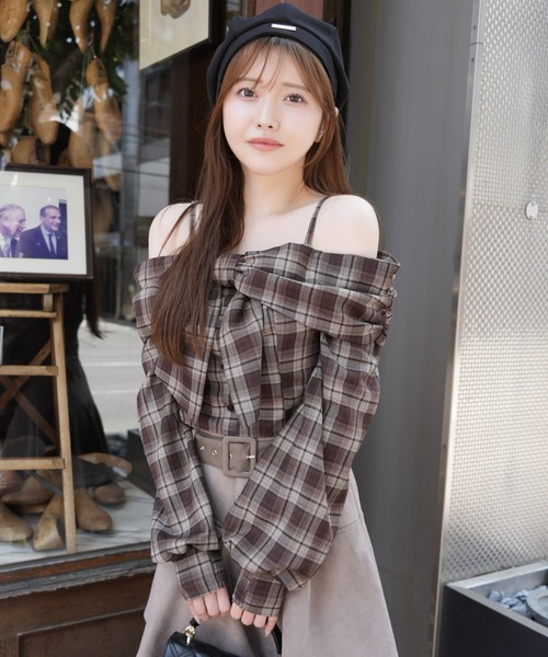 LIP SERVICE チェック柄オフショルダー セール】オフショルリボンチェックシャツトップス（シャツ/ブラウス