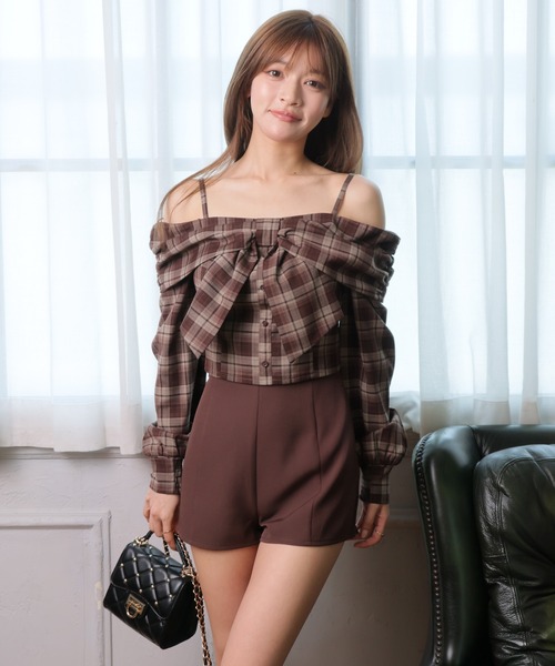 LIPSERVICE（リップサービス）の「オフショルリボンチェックシャツトップス（シャツ/ブラウス・レディース・ブラウン/ブラック・FREE）」の16枚目の写真