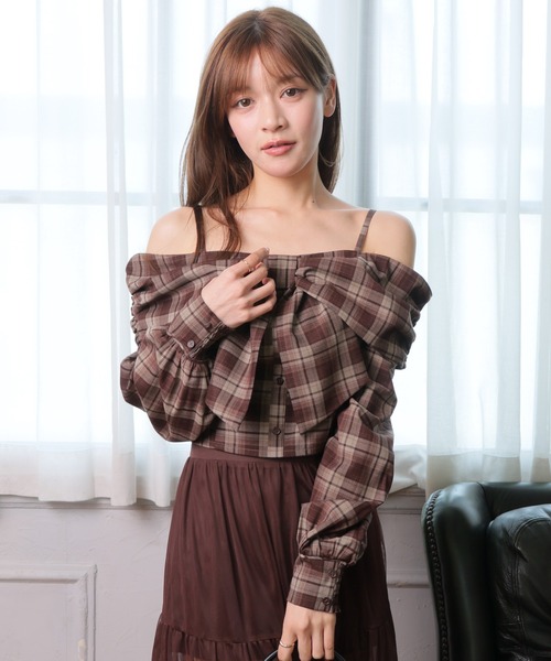LIPSERVICE（リップサービス）の「オフショルリボンチェックシャツトップス（シャツ/ブラウス・レディース・ブラウン/ブラック・FREE）」の18枚目の写真
