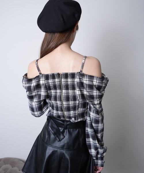 オフショルリボンチェックシャツトップス(シャツ/ブラウス オフショルリボンチェックシャツトップス(シャツ/ブラウス