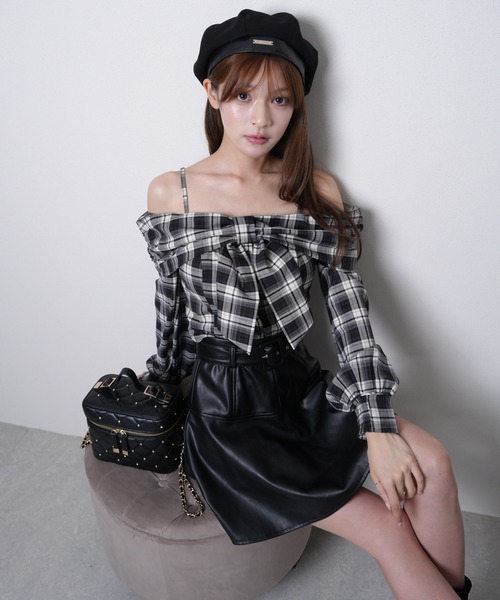 オフショルリボンチェックシャツトップス（シャツ/ブラウス