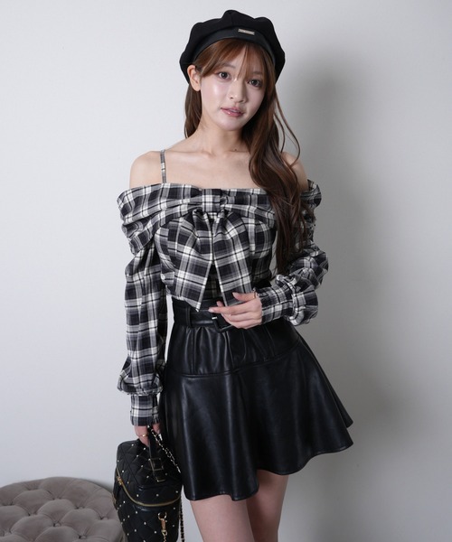 オフショルリボンチェックシャツトップス（シャツ/ブラウス