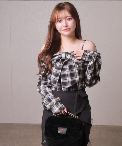 LIP SERVICE オフショルリボントップス LIP SERVICE（リップサービス）｜ ツイードリボンオフショル