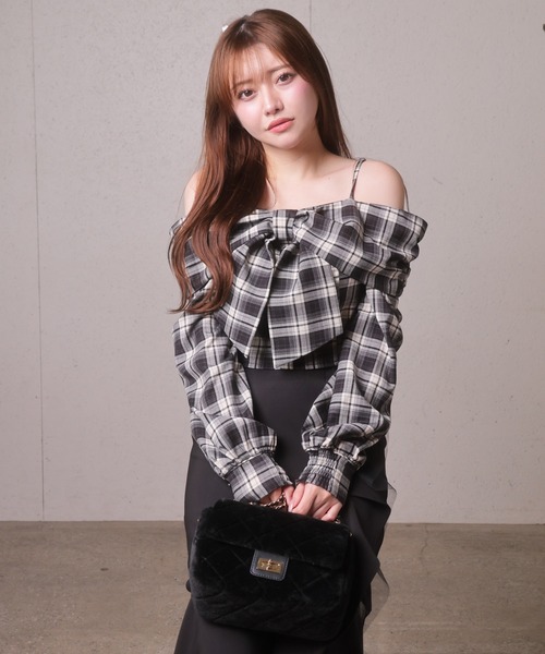 リップサービス　リボントップス リップサービス LIP SERVICE ツイードリボンオフショルトップス