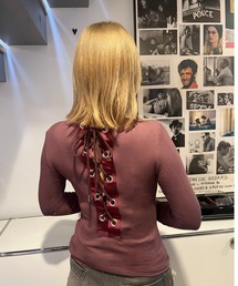 KONVINI（コンビニ）の「【Chillity】テレコボーダーバックレースアップカットソー／Ribbed Border Back Lace-Up Top（Tシャツ/カットソー）」