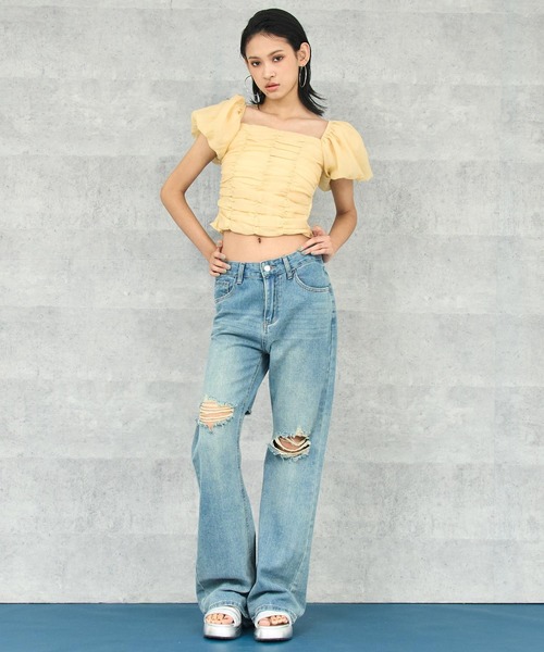 ANAP(アナップ)の「パフスリーブ ギャザー シャーリング トップス(Tシャツ/カットソー・レディース・ブラック/イエロー/オフホワイト・FREE)」の13枚目の写真