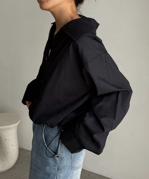 Vネックストライプショートシャツ（シャツ/ブラウス