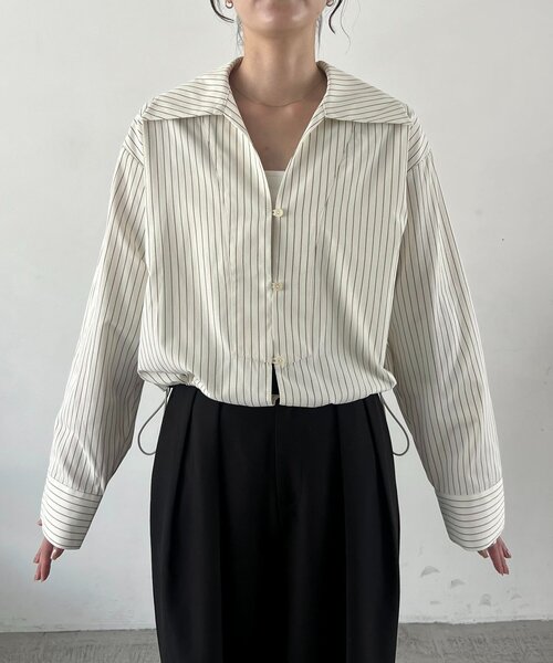 Vネックストライプショートシャツ セール】Vネックストライプショートシャツ（シャツ/ブラウス