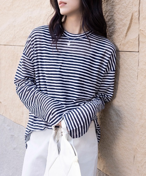 ONEP STAR(ワンピスター)の「ボーダー柄ロングスリーブカットソー(Tシャツ/カットソー・レディース・グレー/ネイビー/ブラック・MEDIUM)」の1枚目の写真