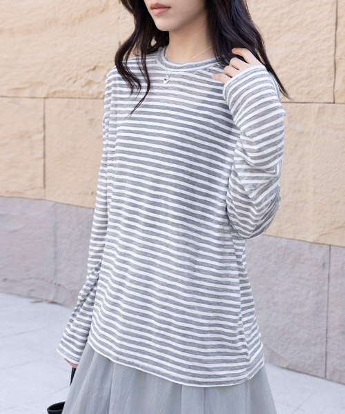 ONEP STAR(ワンピスター)の「ボーダー柄ロングスリーブカットソー(Tシャツ/カットソー・レディース・グレー/ネイビー/ブラック・MEDIUM)」の3枚目の写真