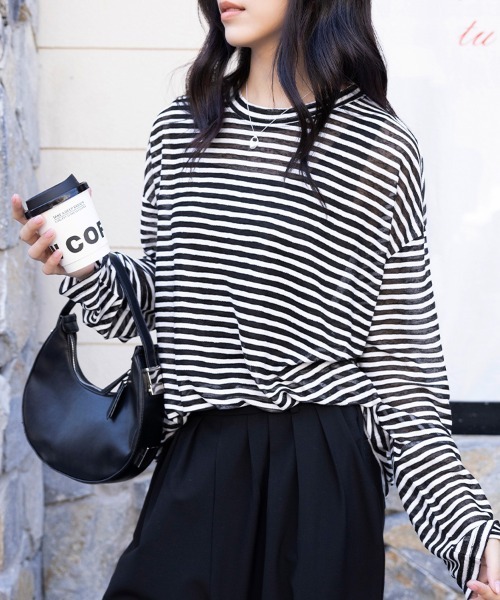 ONEP STAR(ワンピスター)の「ボーダー柄ロングスリーブカットソー(Tシャツ/カットソー・レディース・グレー/ネイビー/ブラック・MEDIUM)」の2枚目の写真