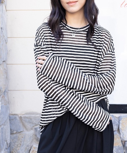 ONEP STAR(ワンピスター)の「ボーダー柄ロングスリーブカットソー(Tシャツ/カットソー・レディース・グレー/ネイビー/ブラック・MEDIUM)」の19枚目の写真