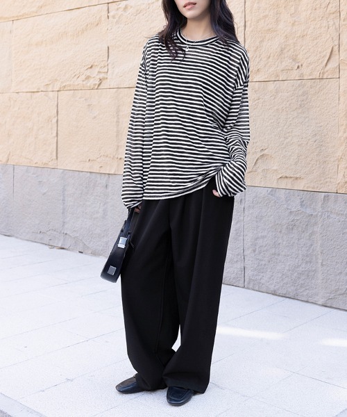 セール】ボーダー柄ロングスリーブカットソー（Tシャツ