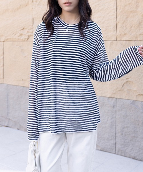セール】ボーダー柄ロングスリーブカットソー（Tシャツ