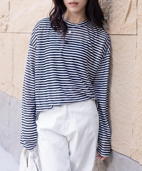 ONEP STAR(ワンピスター)の「ボーダー柄ロングスリーブカットソー(Tシャツ/カットソー・レディース・グレー/ネイビー/ブラック・MEDIUM)」の9枚目の写真