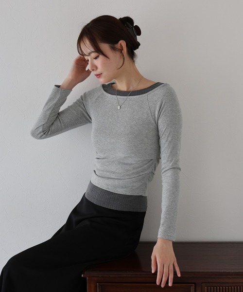 BLUEEAST(ブルーイースト)の「オフショルダーレイヤードカットソー(Tシャツ/カットソー・レディース・ブラック/ブラウン/グレー・MEDIUM)」の2枚目の写真