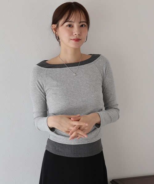 BLUEEAST(ブルーイースト)の「オフショルダーレイヤードカットソー(Tシャツ/カットソー・レディース・ブラック/ブラウン/グレー・MEDIUM)」の5枚目の写真