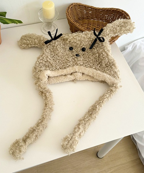 Revo.（レボ）の「アニマル 犬耳 リボン付き ボア ドッグ ニット帽 イヤーフラップ（ニットキャップ/ビーニー・レディース・ベージュ/ブラウン/アイボリー・FREE）」の3枚目の写真