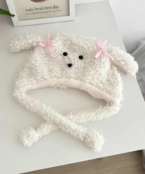 Revo.（レボ）の「アニマル 犬耳 リボン付き ボア ドッグ ニット帽 イヤーフラップ（ニットキャップ/ビーニー・レディース・ベージュ/ブラウン/アイボリー・FREE）」の2枚目の写真