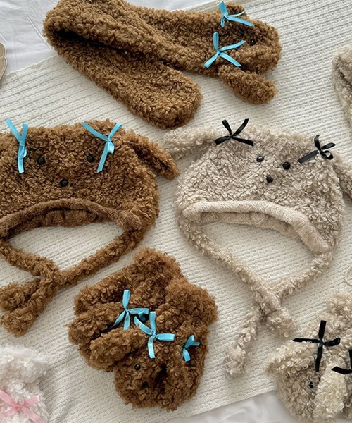 Revo.（レボ）の「アニマル 犬耳 リボン付き ボア ドッグ ニット帽 イヤーフラップ（ニットキャップ/ビーニー・レディース・ベージュ/ブラウン/アイボリー・FREE）」の5枚目の写真