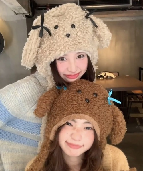 Revo.（レボ）の「アニマル 犬耳 リボン付き ボア ドッグ ニット帽 イヤーフラップ（ニットキャップ/ビーニー・レディース・ベージュ/ブラウン/アイボリー・FREE）」の6枚目の写真