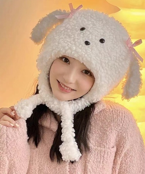 Revo.（レボ）の「アニマル 犬耳 リボン付き ボア ドッグ ニット帽 イヤーフラップ（ニットキャップ/ビーニー・レディース・ベージュ/ブラウン/アイボリー・FREE）」の14枚目の写真