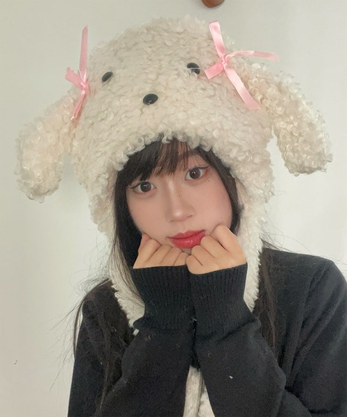 Revo.（レボ）の「アニマル 犬耳 リボン付き ボア ドッグ ニット帽 イヤーフラップ（ニットキャップ/ビーニー・レディース・ベージュ/ブラウン/アイボリー・FREE）」の8枚目の写真