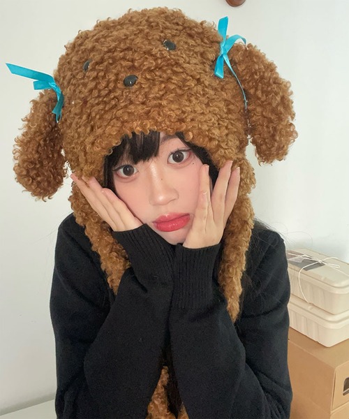 Revo.（レボ）の「アニマル 犬耳 リボン付き ボア ドッグ ニット帽 イヤーフラップ（ニットキャップ/ビーニー・レディース・ベージュ/ブラウン/アイボリー・FREE）」の9枚目の写真