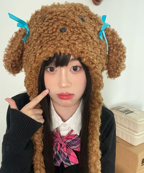 Revo.（レボ）の「アニマル 犬耳 リボン付き ボア ドッグ ニット帽 イヤーフラップ（ニットキャップ/ビーニー・レディース・ベージュ/ブラウン/アイボリー・FREE）」の10枚目の写真