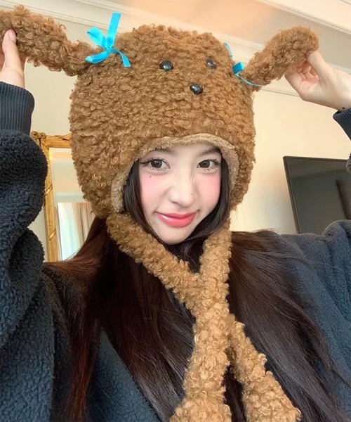 Revo.（レボ）の「アニマル 犬耳 リボン付き ボア ドッグ ニット帽 イヤーフラップ（ニットキャップ/ビーニー・レディース・ベージュ/ブラウン/アイボリー・FREE）」の7枚目の写真