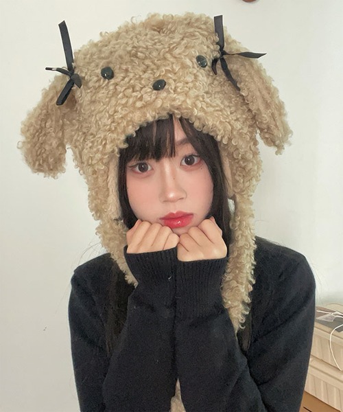 Revo.（レボ）の「アニマル 犬耳 リボン付き ボア ドッグ ニット帽 イヤーフラップ（ニットキャップ/ビーニー・レディース・ベージュ/ブラウン/アイボリー・FREE）」の12枚目の写真