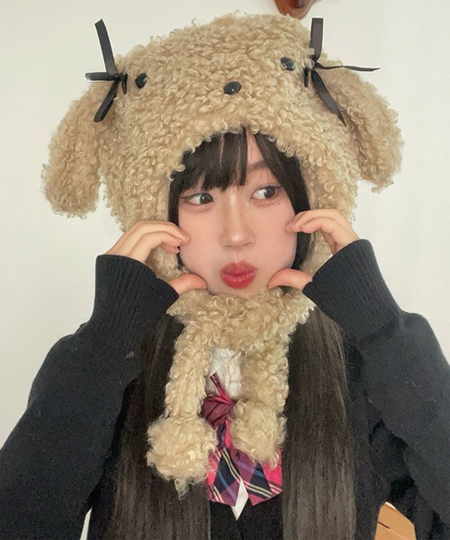 Revo.（レボ）の「アニマル 犬耳 リボン付き ボア ドッグ ニット帽 イヤーフラップ（ニットキャップ/ビーニー・レディース・ベージュ/ブラウン/アイボリー・FREE）」の11枚目の写真