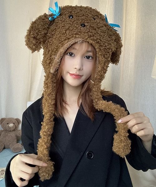 Revo.（レボ）の「アニマル 犬耳 リボン付き ボア ドッグ ニット帽 イヤーフラップ（ニットキャップ/ビーニー・レディース・ベージュ/ブラウン/アイボリー・FREE）」の13枚目の写真