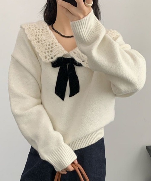 gossip!ロサンゼルス(ゴシップロサンゼルス)の「Y2K ドールカラーリボンルックニットセーター(ニット/セーター・レディース・オフホワイト/グレー・FREE)」の11枚目の写真