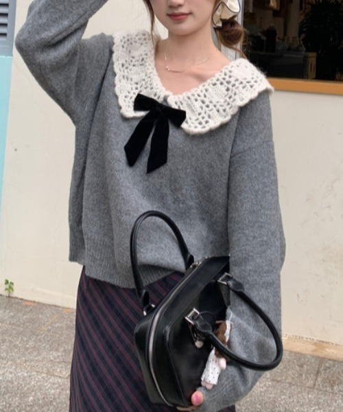 gossip!ロサンゼルス(ゴシップロサンゼルス)の「Y2K ドールカラーリボンルックニットセーター(ニット/セーター・レディース・オフホワイト/グレー・FREE)」の20枚目の写真