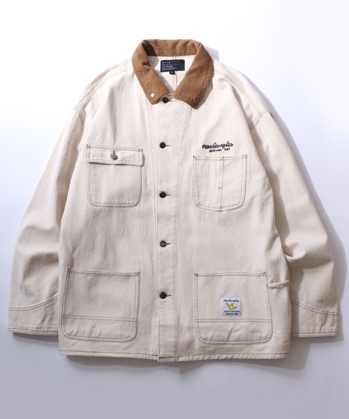 Mark Gonzales(マーク・ゴンザレス)の「MARK GONZALES ARTWORK COLLECTION/マークゴンザレス 別注 オーバーサイズ ワンポイント刺繍 衿コーデュロイ デニムカバーオール デニムジャケット ブルゾン(カバーオール・メンズ・ブラック/アイボリー/ブルー・XL/L/M)」の2枚目の写真