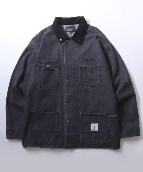 Mark Gonzales(マーク・ゴンザレス)の「MARK GONZALES ARTWORK COLLECTION/マークゴンザレス 別注 オーバーサイズ ワンポイント刺繍 衿コーデュロイ デニムカバーオール デニムジャケット ブルゾン(カバーオール・メンズ・ブラック/アイボリー/ブルー・XL/L/M)」の3枚目の写真