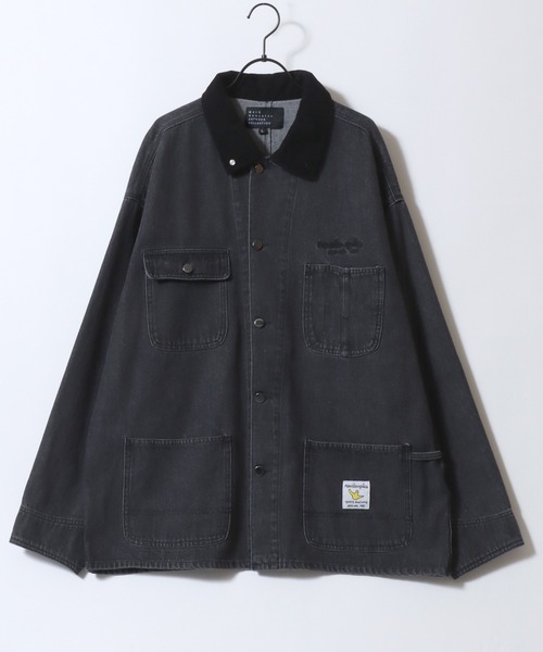 Mark Gonzales(マーク・ゴンザレス)の「MARK GONZALES ARTWORK COLLECTION/マークゴンザレス 別注 オーバーサイズ ワンポイント刺繍 衿コーデュロイ デニムカバーオール デニムジャケット ブルゾン(カバーオール・メンズ・ブラック/アイボリー/ブルー・XL/L/M)」の5枚目の写真