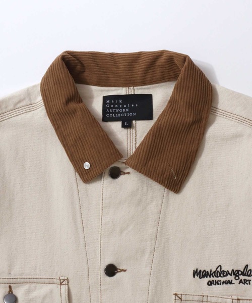 Mark Gonzales(マーク・ゴンザレス)の「MARK GONZALES ARTWORK COLLECTION/マークゴンザレス 別注 オーバーサイズ ワンポイント刺繍 衿コーデュロイ デニムカバーオール デニムジャケット ブルゾン(カバーオール・メンズ・ブラック/アイボリー/ブルー・XL/L/M)」の8枚目の写真