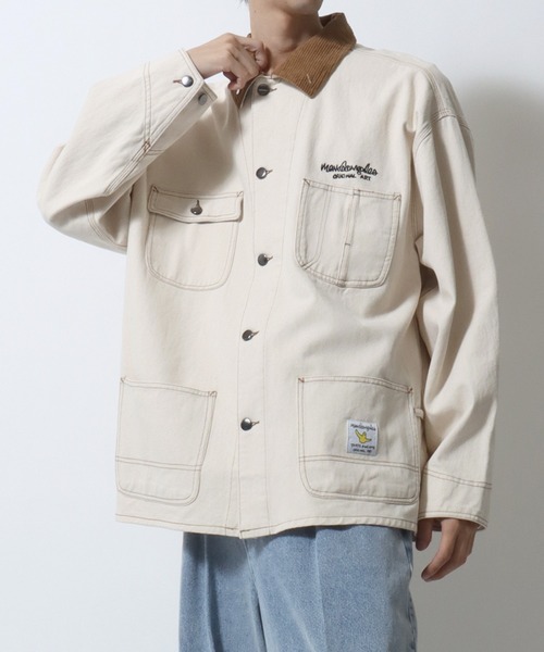 Mark Gonzales(マーク・ゴンザレス)の「MARK GONZALES ARTWORK COLLECTION/マークゴンザレス 別注 オーバーサイズ ワンポイント刺繍 衿コーデュロイ デニムカバーオール デニムジャケット ブルゾン(カバーオール・メンズ・ブラック/アイボリー/ブルー・XL/L/M)」の21枚目の写真